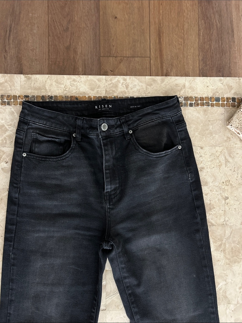 Risen Los Angeles Black High Rise Flare Raw Hem Jeans slit bottom legs Size 7/28 - Picture 2 of 12